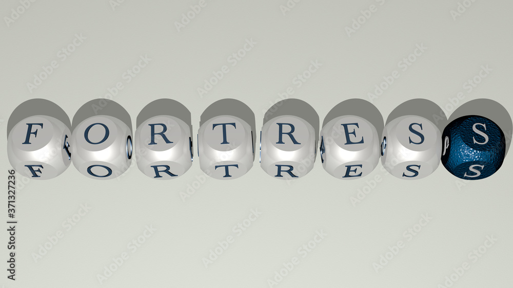 Poster fortress text by cubic dice letters - 3d illustration for castle and architecture
