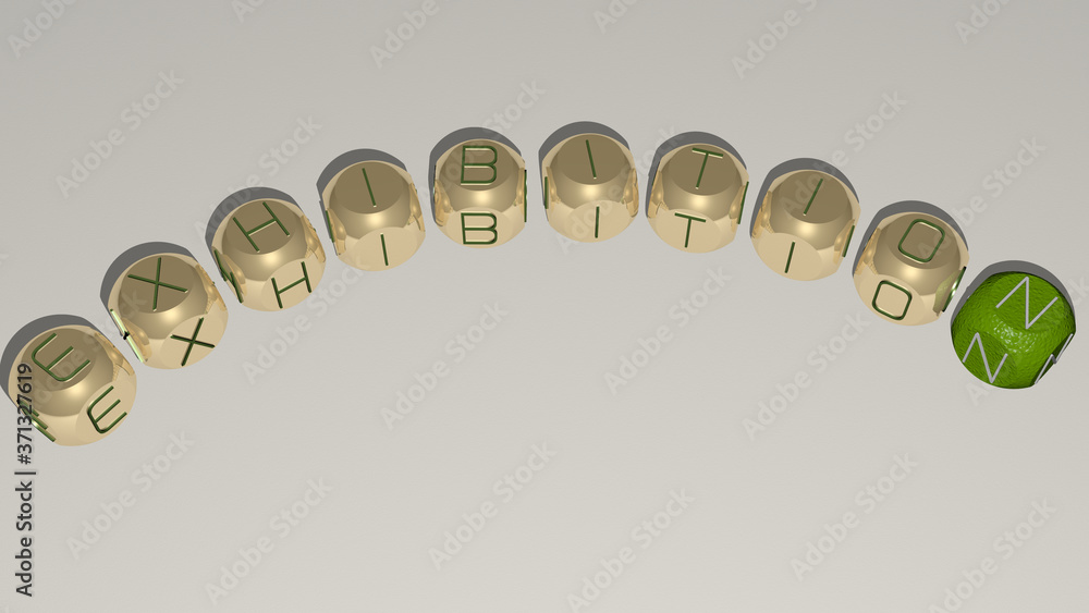 Poster exhibition curved text of cubic dice letters - 3d illustration for editorial and design