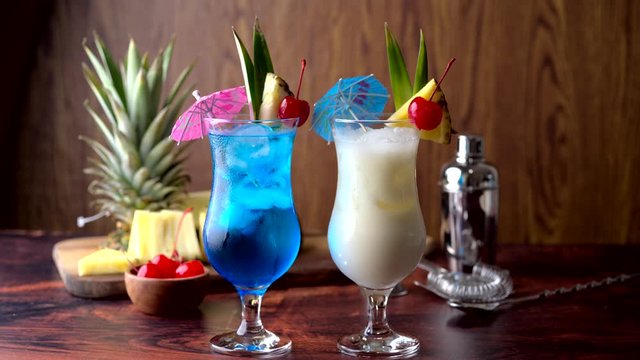 Summer cocktail image, pina colada and blue hawaii