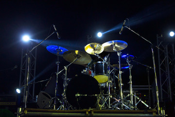 Live music photo background, rock drum set with cymbals. Closeup photo, soft selective focus