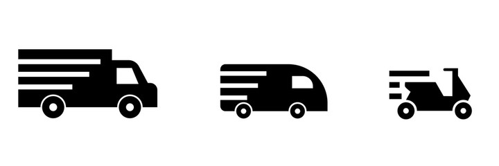 Delivery. Conjunto de iconos de buseta, camión, motocicleta. envíos y entregas de productos. Entrega a domicilio. Ilustración vectorial aislada en fondo blanco