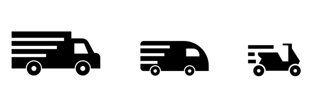 Delivery. Conjunto de iconos de buseta, cami&oacute;n, motocicleta. env&iacute;os y entregas de productos. Entrega a domicilio. Ilustraci&oacute;n vectorial aislada en fondo blanco