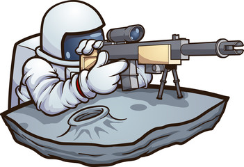 Cartoon astronaut holding a sharpshooter rifle. Vector clip art illustration. All on a single layer.
