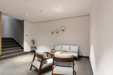 Interior of a hotel lobby with furniture