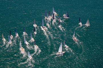 Yachts taking up positions at the start of the Sydney to Hobart Yacht Race