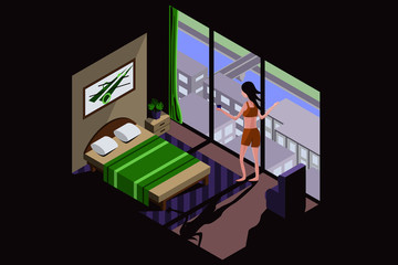 Bedroom interior in isometric style with a girl at the window. The girl holds a mug of coffee in her hands. Through the window you can see multi-storey buildings, a river, a bridge and a road