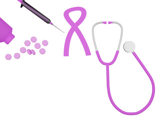 3D rendering, Medicines from the  medicine bottle ,Syringe ,Stethoscope and ribbon ,Everything is pink on white background , healthcare concept , 3D illustration