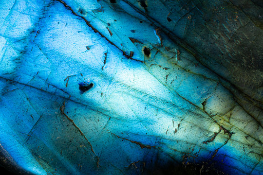 Vibrant Macro Photo of an Iridescent Blue Labradorite Stone.  