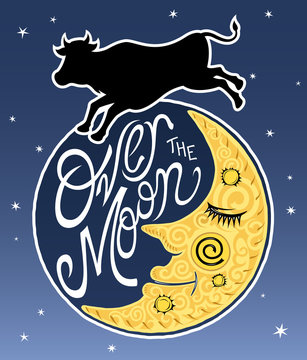 Vector illustration of a silhouetted cow jumping over a smiling half moon and an "over the moon" sign against a starry sky background.