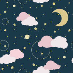 Turquoise blue night and stars, with pink clouds, gold moon, flat vector illustration, vector seamless pattern.
