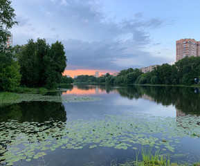 Fototapeta na wymiar Moscow region, the city of Balashikha. Pehorka river in summer evening
