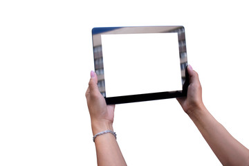 Girl with beautiful nails holds a mock-up of a black tablet close-up isolated on a white background.