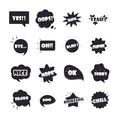 slang bubbles different words and phrases in multicolor cartoon, love nice super flat icons set