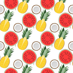 Tropical fruits: pineapple, watermelon, coconut. 