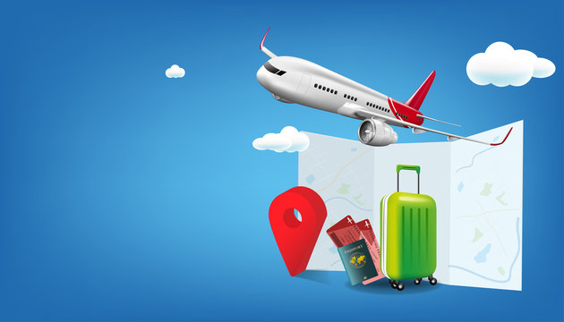 Airplane and passport isolated on background. Travel and transportation concept. Vector illustration in design.