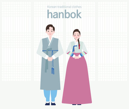 
A young male and female couple wearing Hanbok standing at the door with traditional Korean patterns. Flat illustration with adjustable size.