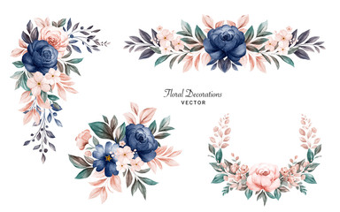 Set of watercolor floral frame bouquets of navy and peach roses and leaves. Botanic decoration illustration for wedding card, fabric, and logo composition - obrazy, fototapety, plakaty