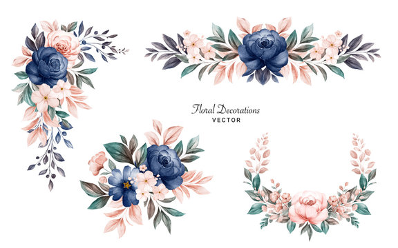 Bridal flowers invitation clip art Colorful  navy and burgundy floral watercolor wedding bouquets clip art Wedding decoration elements.