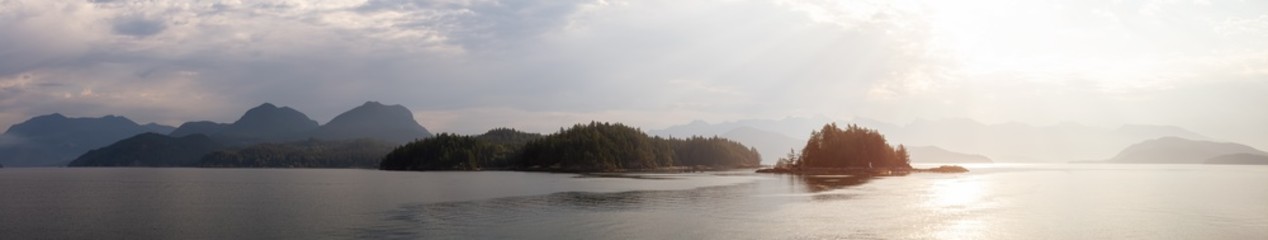 Panoramic View of Gambier Harbour in Howe Sound during a vibrant summer morning. Located near Vancouver, British Columbia, Canada.