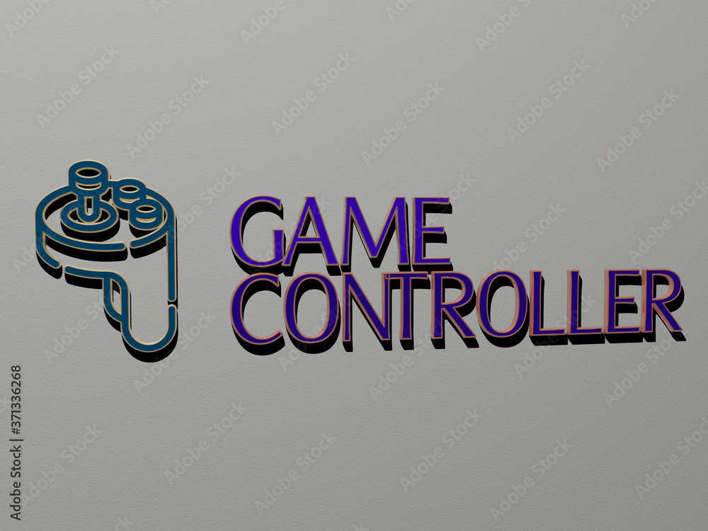 Poster game controller icon and text on the wall - 3d illustration for background and ball