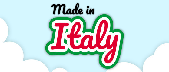 Bold stroke text style "Made in Italy" vector illustration. Text in country flag colours, floating on editable/removable sky with clouds background.