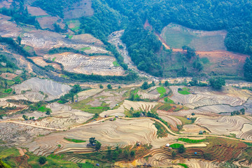 Beautiful terraced rice field in water pulling season in Y Ty, Bat Xat, Lao cai province in Vietnam