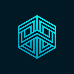 Tech Cube logo design template. Vector hexagon logotype illustration with stripe. Graphic modern box icon symbol isolated on background.
