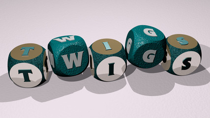 twigs text by dancing dice letters - 3D illustration for background and leaves