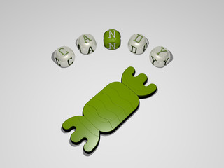 candy circular text of separate letters around the 3D icon - 3D illustration for background and chocolate