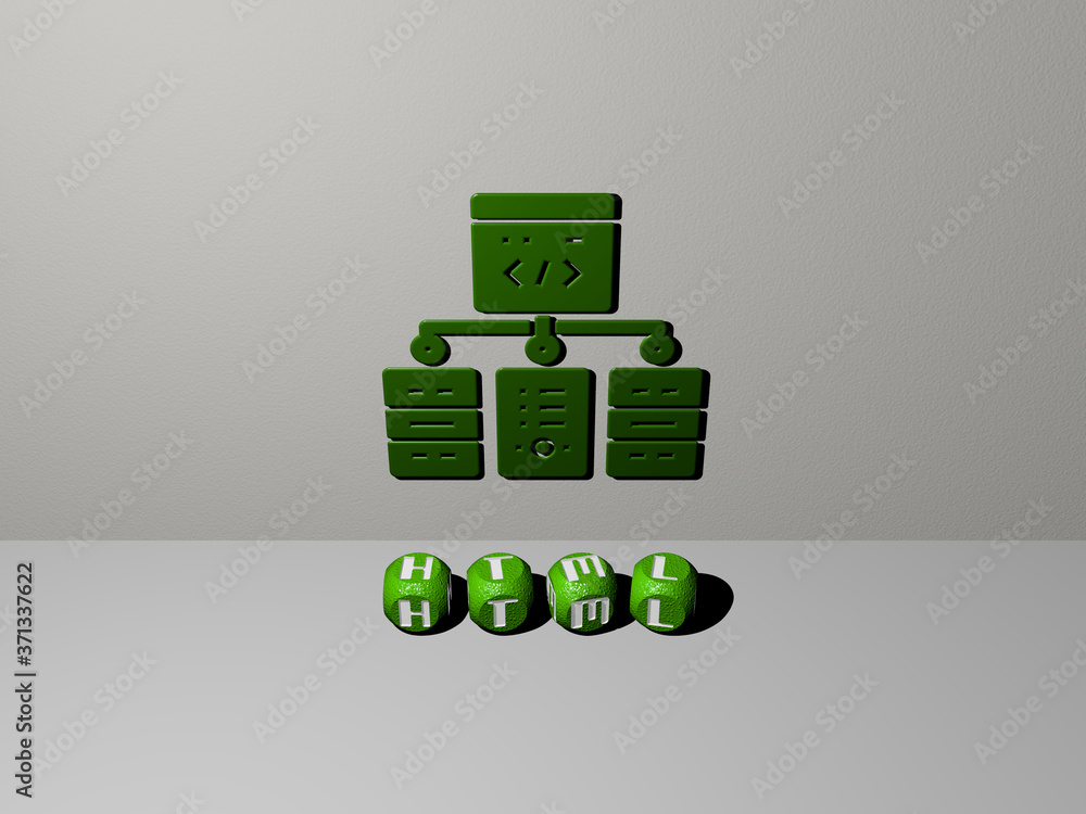 Poster html 3d icon on the wall and text of cubic alphabets on the floor - 3d illustration for code and com