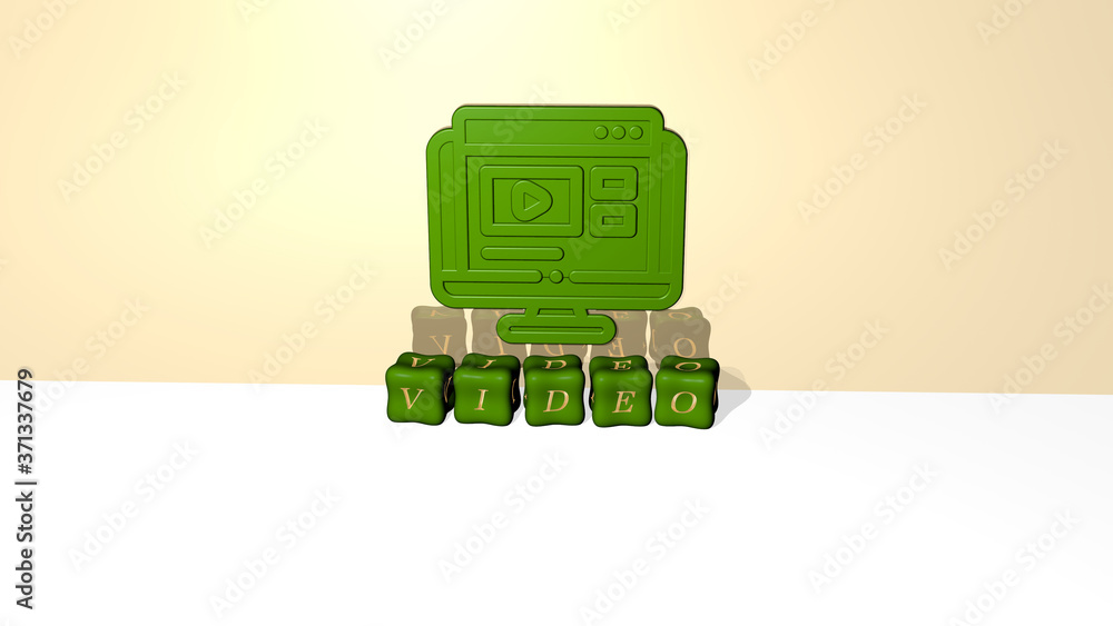 Poster 3d illustration of video graphics and text made by metallic dice letters for the related meanings of