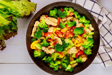 Chicken poultry with healthy vegetables in wok.