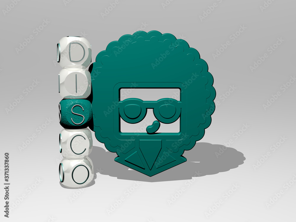 Aufkleber 3d illustration of disco graphics and text around the icon made by metallic dice letters for the rel