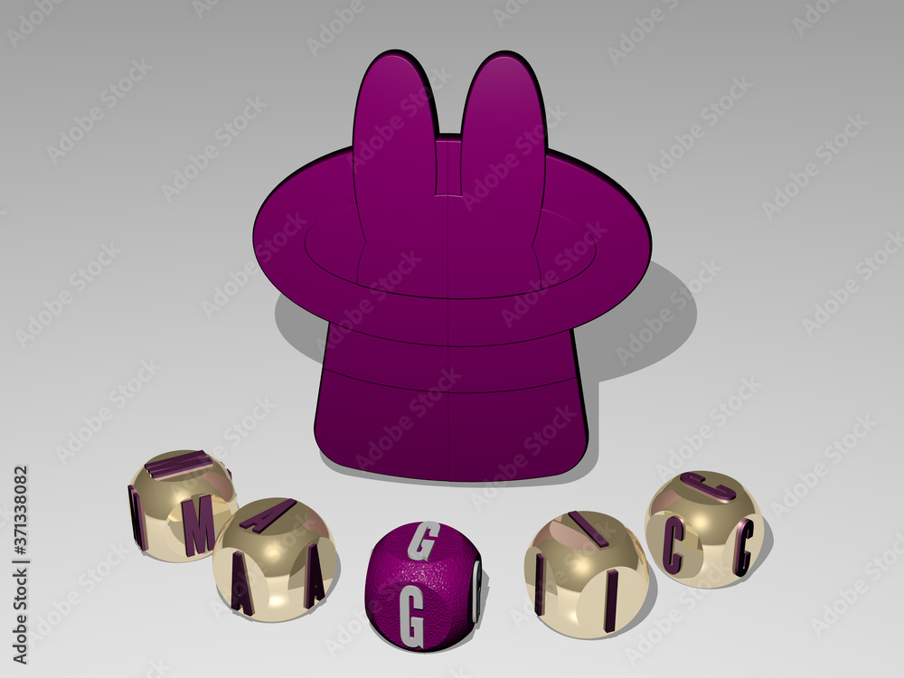 Poster magic round text of cubic letters around 3d icon - 3d illustration for background and abstract