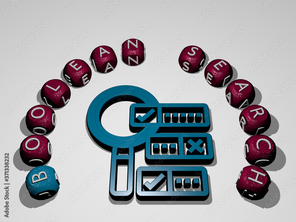 Fototapete boolean search icon surrounded by the text of individual letters - 3d illustration for concept and b