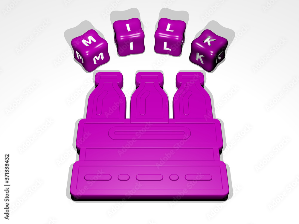 Poster 3d graphical image of milk vertically along with text built around the icon by metallic cubic letter