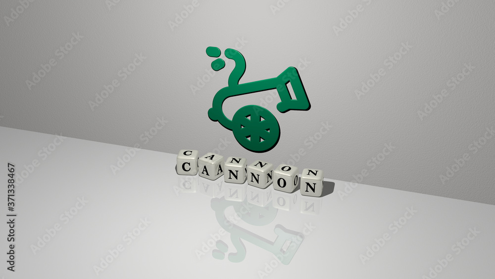 Poster cannon text of cubic dice letters on the floor and 3d icon on the wall - 3d illustration for army an