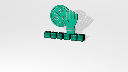 gloves 3D icon object on text of cubic letters - 3D illustration for background and boxing
