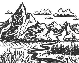 Hand drawn sketch black and white of mountains. Vector illustration. Elements in graphic style label, card, sticker, menu, package.