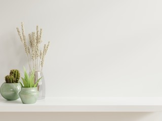 Mockup wall with plants on Shelf wooden.