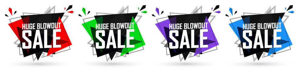 Set Huge Blowout Sale banners, discount tags design template, vector illustration - obrazy, fototapety, plakaty