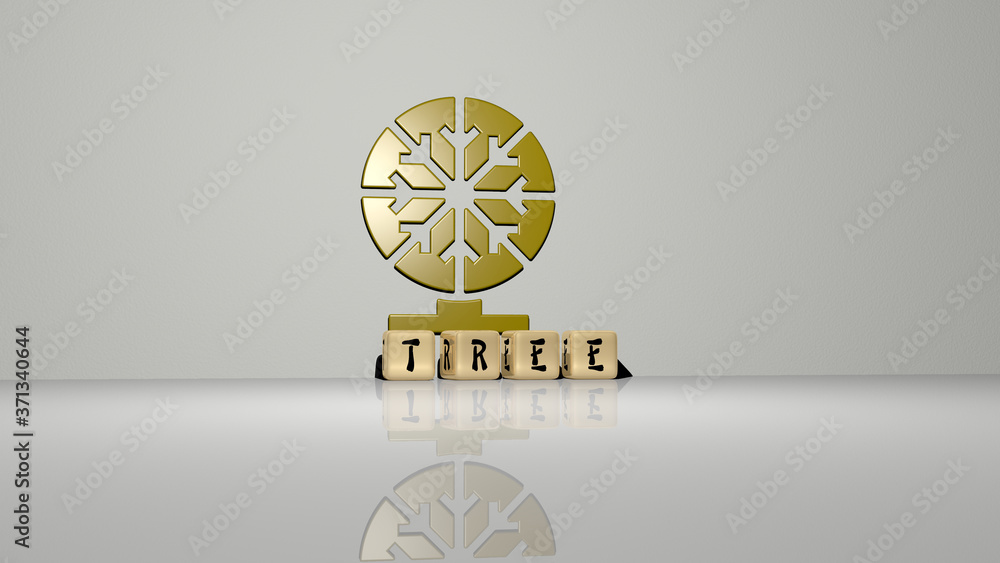 Poster tree text of cubic dice letters on the floor and 3d icon on the wall - 3d illustration for backgroun