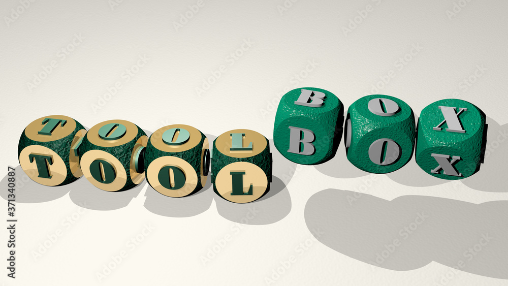 Poster toolbox text by dancing dice letters - 3d illustration for background and construction