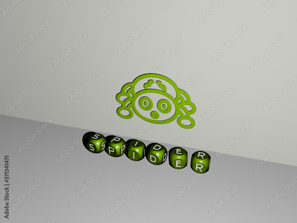 Aufkleber spider 3d icon on the wall and text of cubic alphabets on the floor - 3d illustration for background