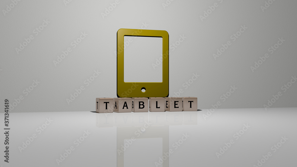 Poster tablet text of cubic dice letters on the floor and 3d icon on the wall - 3d illustration for compute