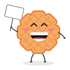 Cute flat cartoon biscuit holding a sign illustration. Vector illustration of cute biscuit with a smiling expression.