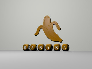 banana 3D icon on the wall and text of cubic alphabets on the floor - 3D illustration for background and food
