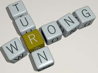 wrong turn crossword by cubic dice letters - 3D illustration for background and concept - obrazy, fototapety, plakaty