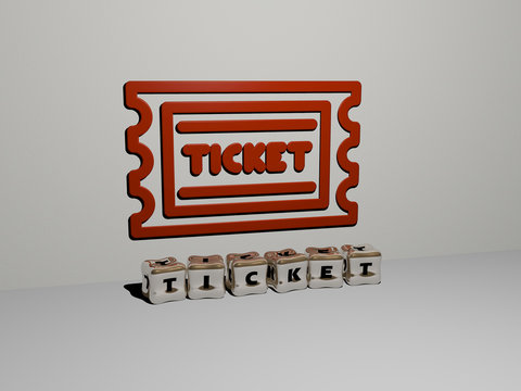 ticket 3D icon on the wall and cubic letters on the floor - 3D illustration for background and design