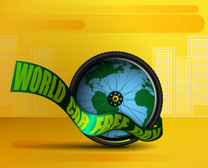 World car free day banner or poster. Bicycle wheel on the background of the planet Earth. Environmental protection and care. September 22nd. Realistic vector